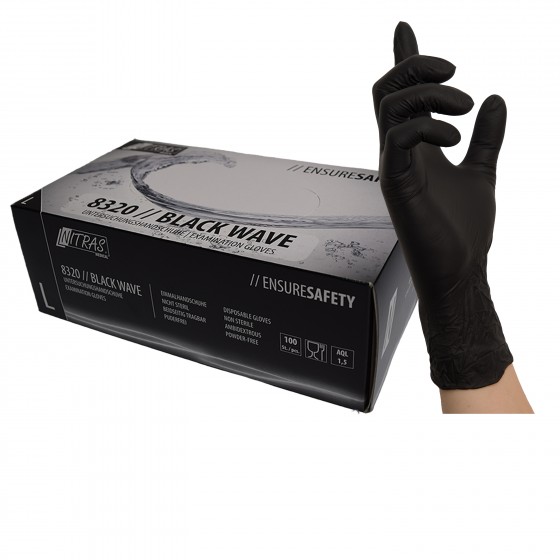 NITRAS BLACK WAVE Gr. L, Nitril-Einmalhandschuh schwarz, unsteril (100er Box) Gr 8/9