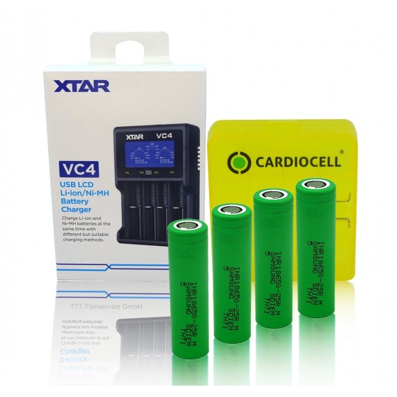 XTAR Ladegerät VC4, Li-Ion / Ni-MH LCD inkl. 4x Samsung INR18650-25R mit Akkubox von Cardiocell