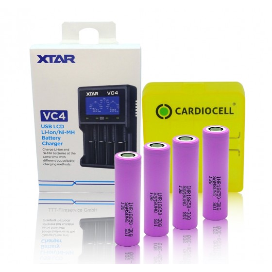 XTAR Ladegerät VC4, Li-Ion / Ni-MH LCD inkl. 4x Samsung INR18650-30Q mit Akkubox von Cardiocell