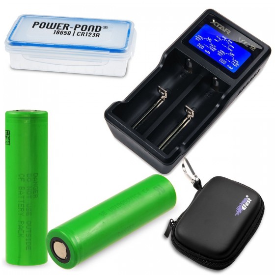 XTAR VC2 inkl. 2 x Sony US18650VTC4 30A 2100mAh mit staubdichter und wetterfester Akkubox und Aufbewahrungstasche "POWER-POND"