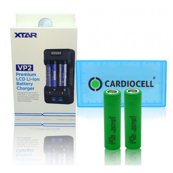 XTAR VP2 Li-Ion 2-Schacht Ladegerät inkl. 2x Samsung INR18650-25R Akku & Cardiocell Box