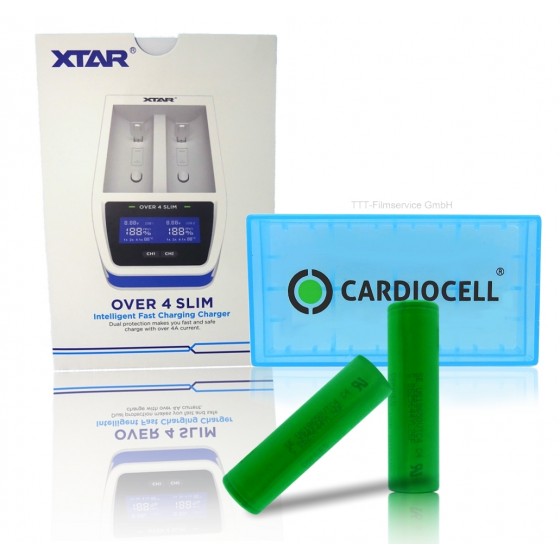 XTAR Ladegerät O4S Over 4 Slim weiß  inkl. 2x Sony US18650VTC4 mit Cardiocell Box