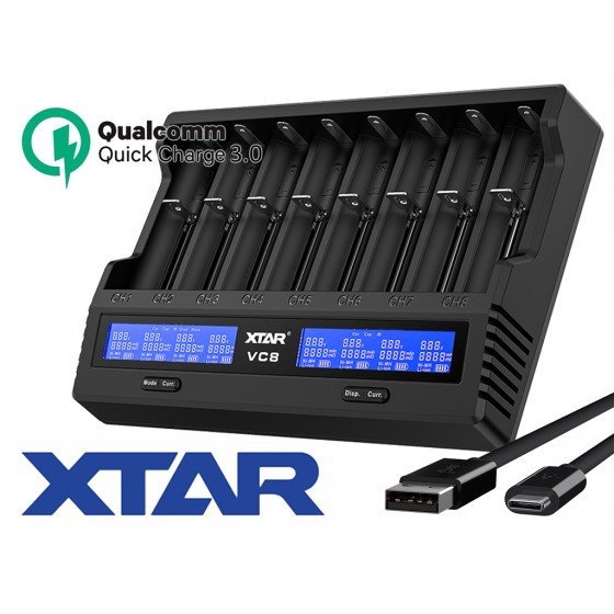 Xtar VC8 - Ladegerät für Li-Ion 3,6V - 3,7V und NIMH 1,2V Akkus + Xtar Adapter 3A