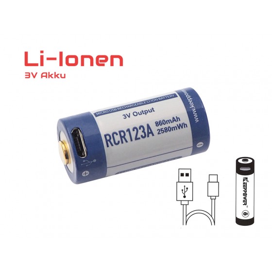 RCR123A 3V Lithium Ionen Akku (Wiederaufladbar über micro USB)