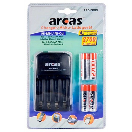 Arcas 4-Kanal-Ladegerät für 1-4 AA/AAA inkl. 4x Mignon 2700mAh