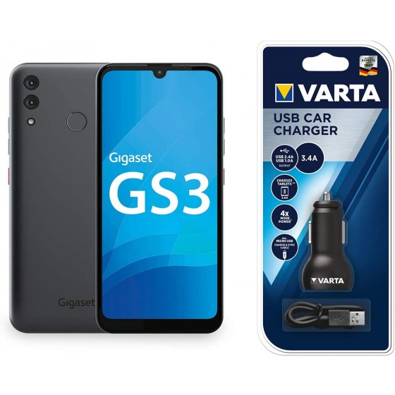 Gigaset GS3 Smartphone ohne Vertrag Triple-Slots für Dual SIM und Speichererweiterung - 4000mAh Wechsel-Akku - 4GB RAM und 64GB interner Speicher Android 10 Graphite Grey inkl. USB Car Charger