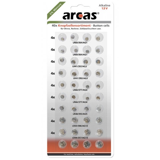 Arcas AG Alkaline Knopfzellenset 40tlg. (8xAG1, 8xAG3, 8xAG4, 4xAG5, 4xAG12, 8xAG13) "No Mercury"