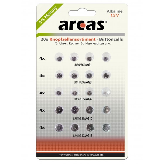 Arcas AG Alkaline Knopfzellenset 20tlg. (4xAG1, 4xAG3, 4xAG4, 4xAG10, 4xAG13)