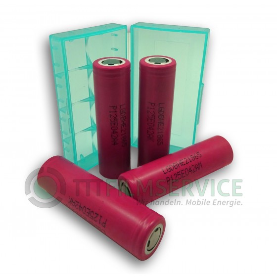 4x LG HE2 18650HE2 Li-Ion 2500mAh 20A 3,6V LGDBHE21865, inkl. Akkuboxen