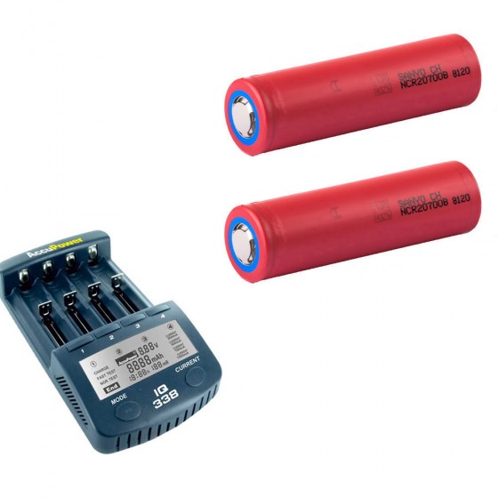 2 x Panasonic Sanyo NCR20700B Li-Ion Akku 4250mAh + Accu Power IQ338 Ladegerät