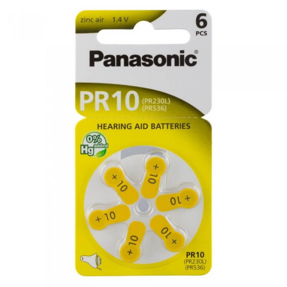 Panasonic PR10 (PR230L, PR536) Hörgeräte-Knopfzellen 100 mAh 1,4V im 6er-Blister Gelb
